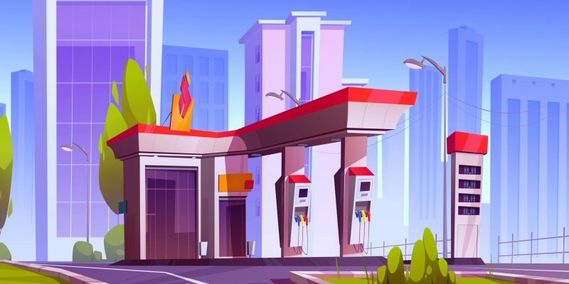 Gas station with oil pump, market and prices display on road in town. Vector cartoon cityscape with empty fuel filling station for cars, green trees and city buildings on background